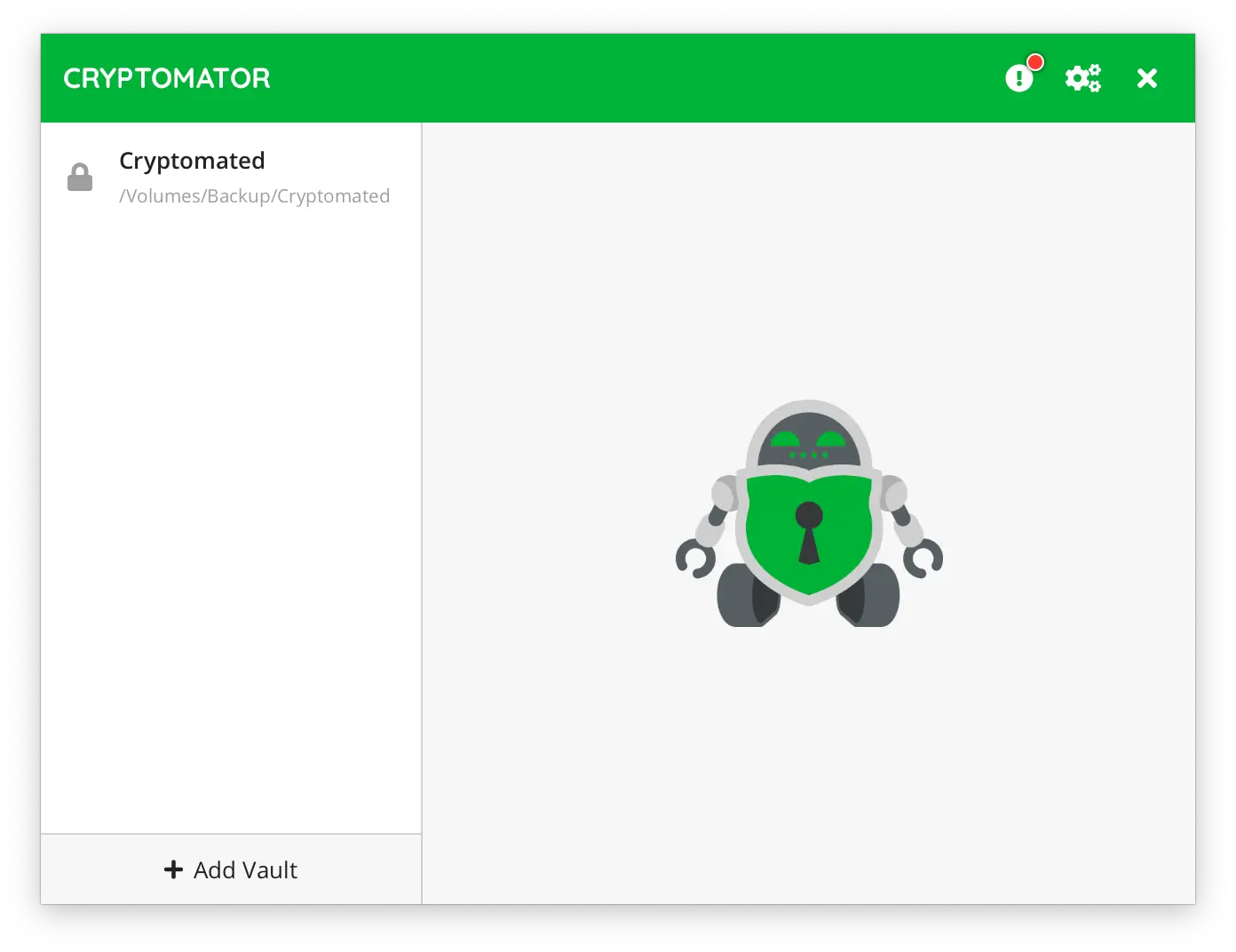 Cryptomator window with an unlocked vault named “Cryptomated”