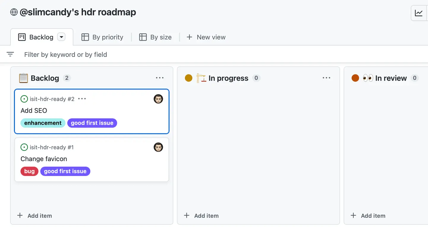 GitHub project board “hdr roadmap” with Backlog, In progress and In review columns