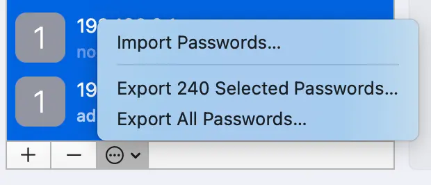 Safari Passwords menu with options to import, export selected or export all passwords