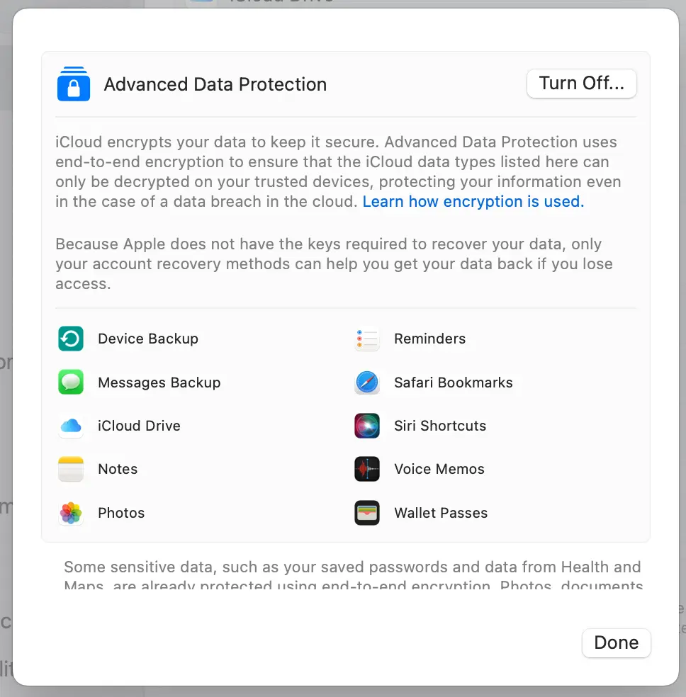 macOS iCloud settings: Advanced Data Protection is on, listing end-to-end encrypted data types