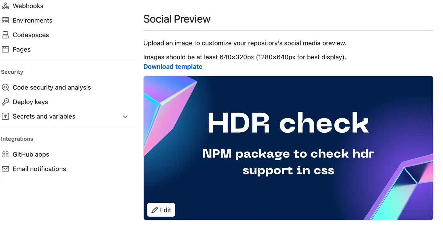 GitHub repository settings, Social Preview section with an “HDR check” banner image