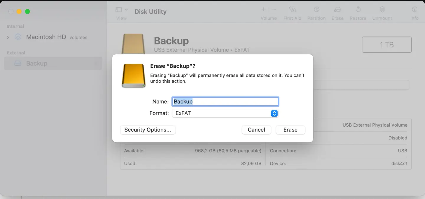 Disk Utility dialog to erase the external drive “Backup”, with the Security Options button